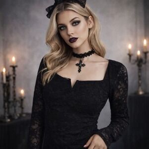 Romantic Goth Black Lace Long Sleeve Bodysuit Whimsigoth Women's XL Sheer Amisu